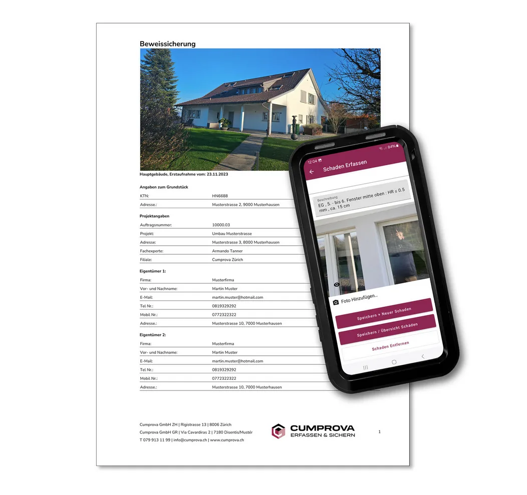 Beweissicherungs-Protokoll als PDF neben der Erfassungsmaske der App