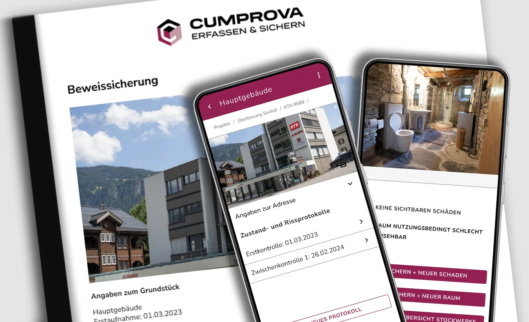 Gedruckte Beweissicherung und zwei Smartphones mit der Cumprova App