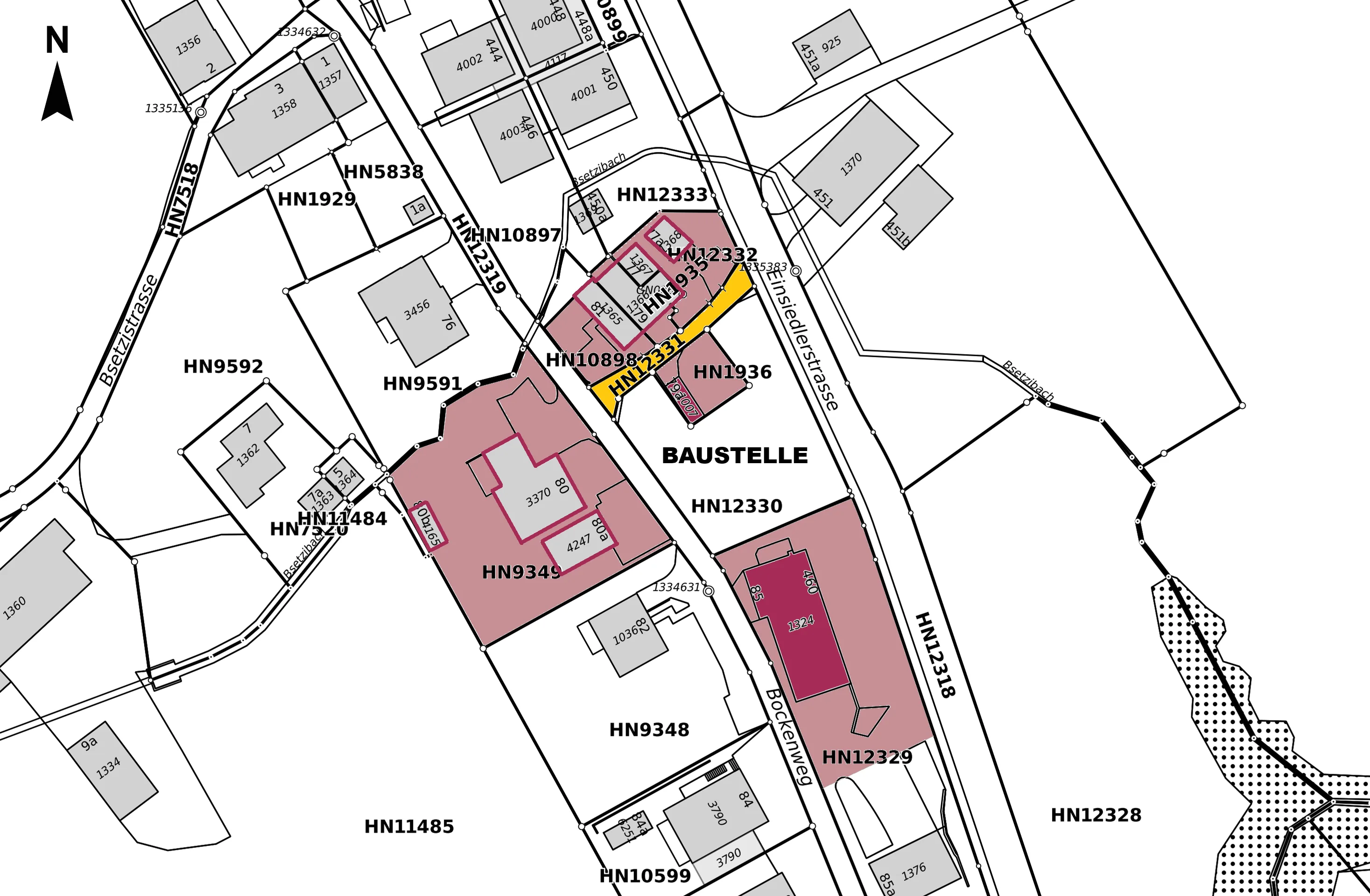 Perimeterplan der Beweissicherung an der Einsiedlerstrasse in Horgen, Referenzprojekt von Cumprova für Rissmonitoring in Horgen