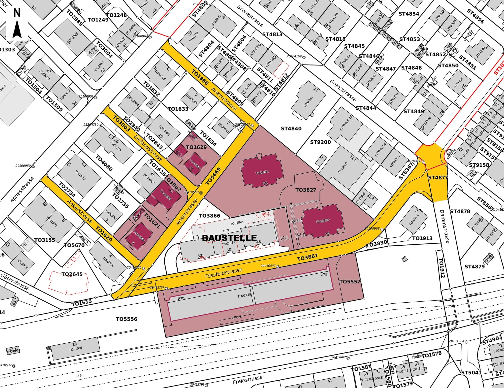 Perimeterplan der Beweissicherung an der Tössfeldstrasse in Winterthur, Referenzprojekt von Cumprova für Rissmonitoring in Winterthur