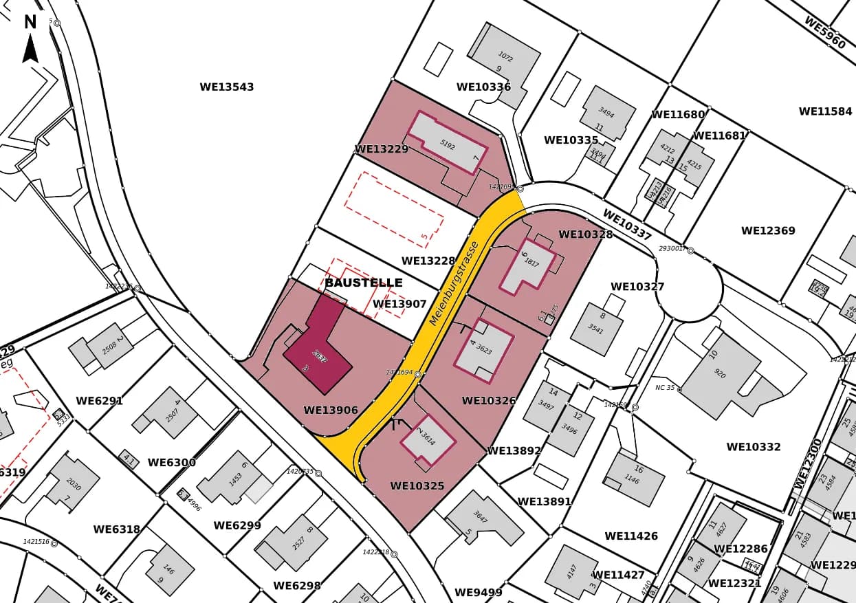 Perimeterplan der Beweissicherung an der Meienburgstrasse in Wädenswil, Referenzprojekt von Cumprova für Rissmonitoring in Wädenswil
