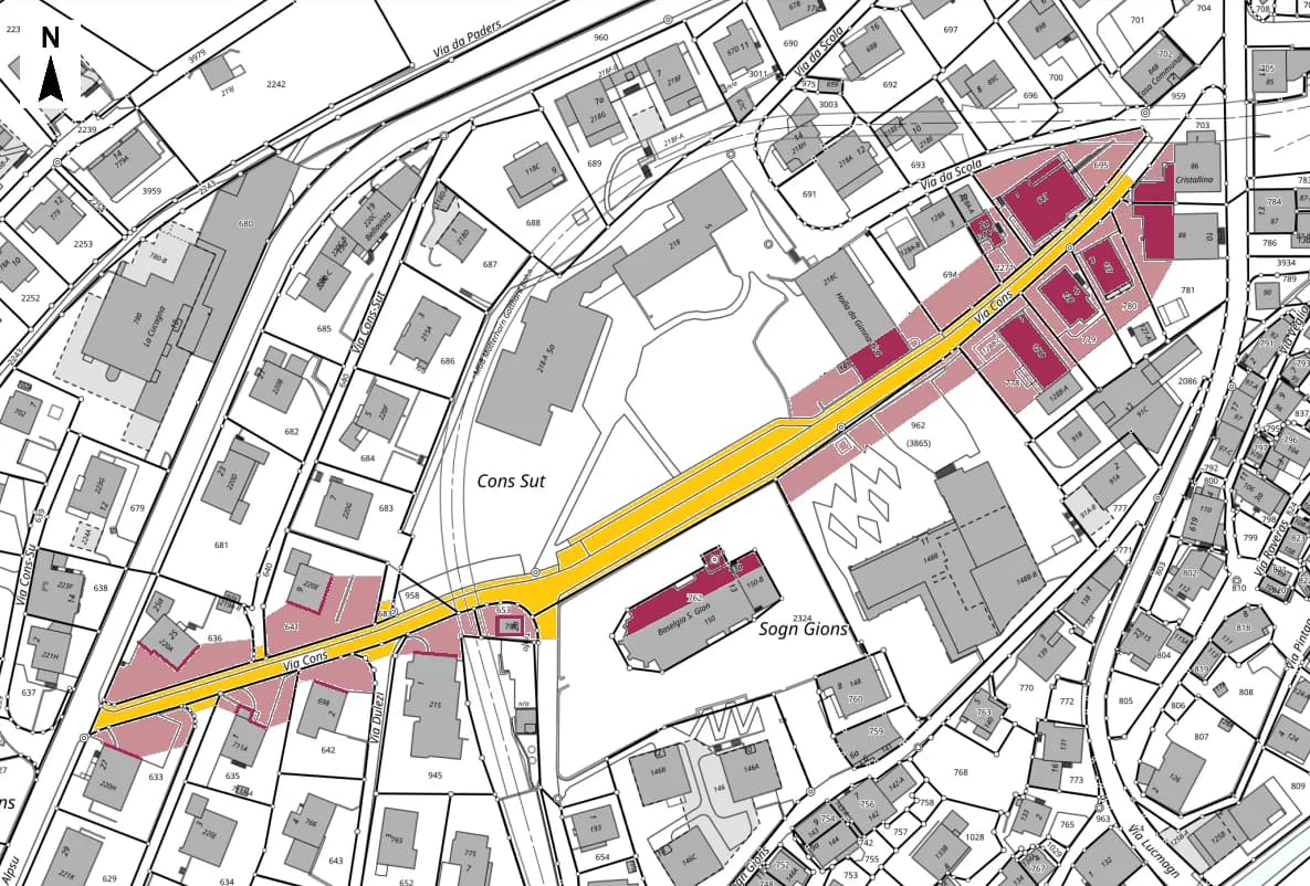 Perimeterplan der Beweissicherung an der Via Cons in Disentis, Referenzprojekt von Cumprova für Rissmonitoring in Disentis