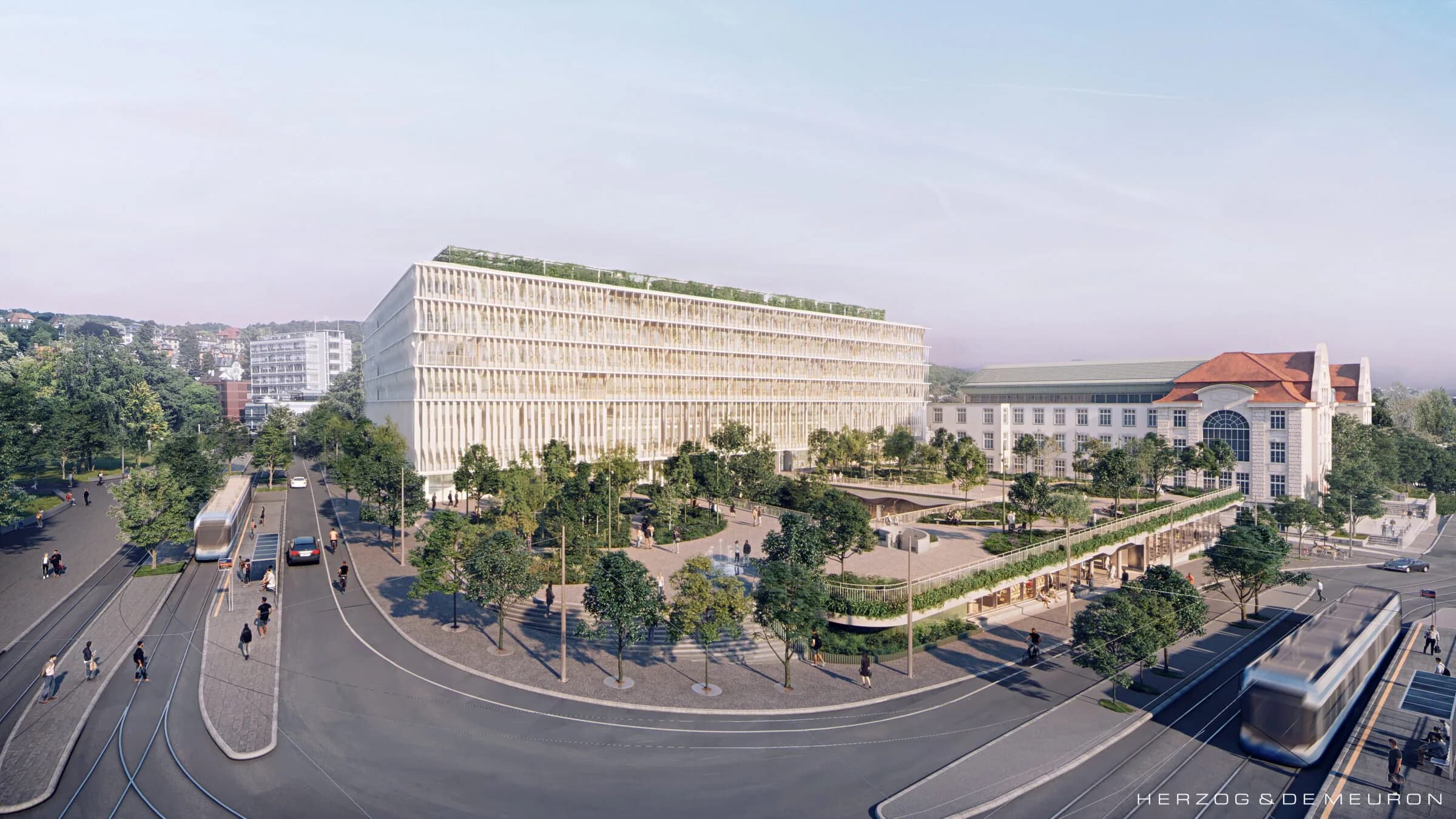Visualisierung des Neubaus Forum UZH von aussen, Blick über die Kreuzung