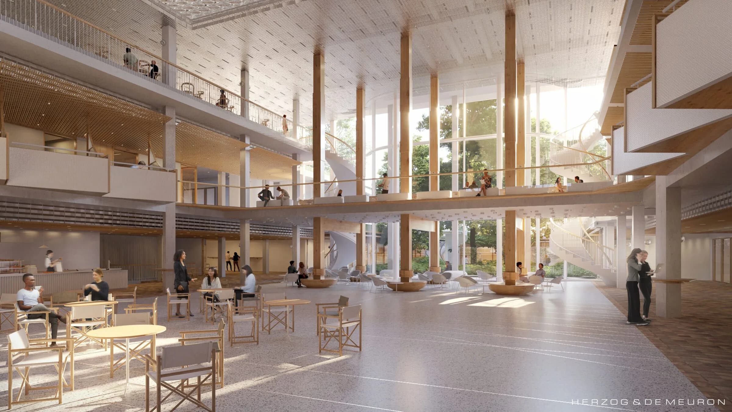 Visualisierung eines Aufenthaltsbereichs im Neubau Forum UZH