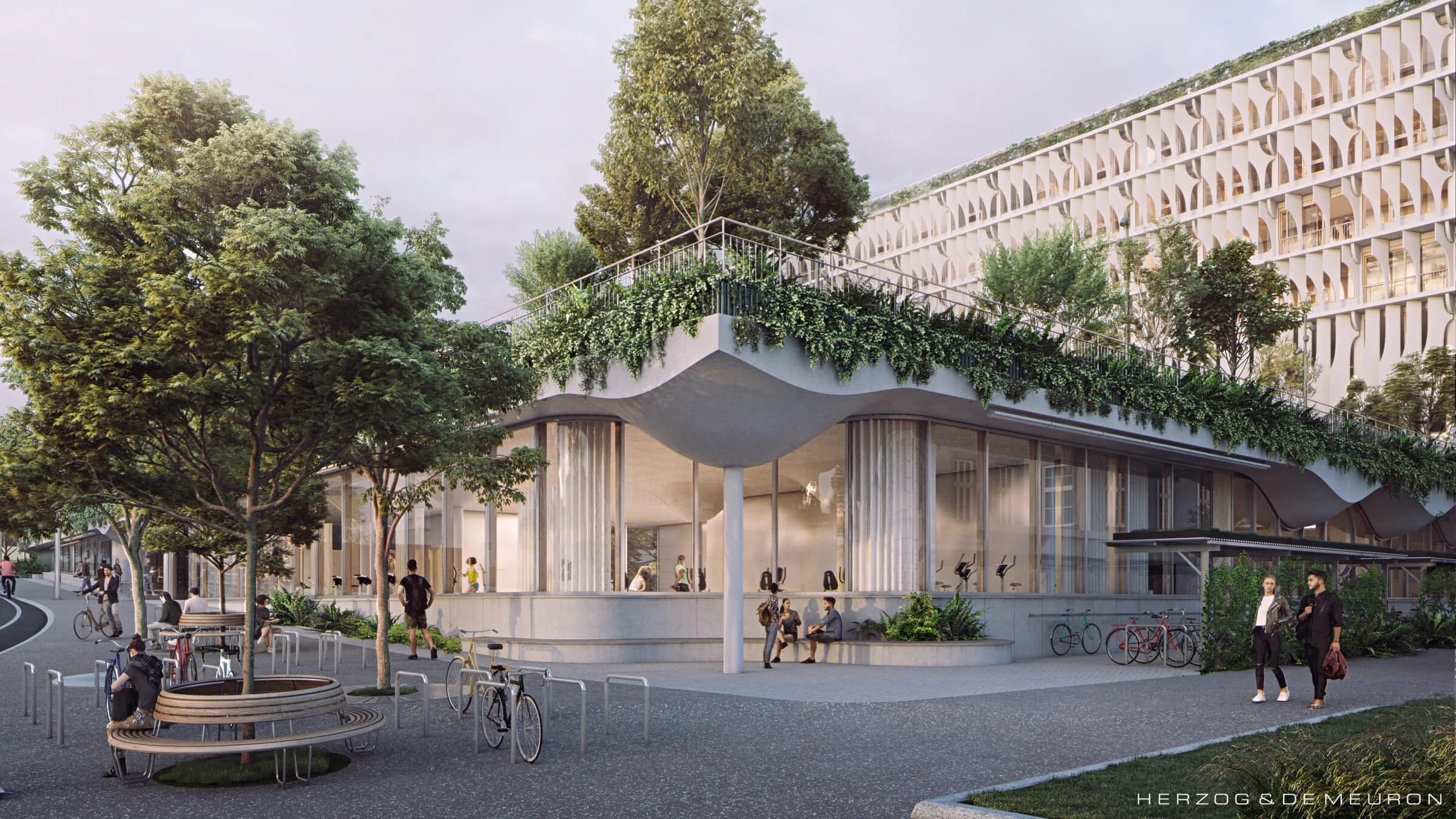 Visualisierung des Neubaus Forum UZH im Strassenraum mit dem Bestand daneben
